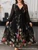 Vestido feminino preto com estampa floral em chifon, tamanho plus size, transfronteiriço, decote V, mangas compridas, cintura marcada, saia fluida, elegante, longo