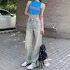 Jeans Azules Claros de Pierna Recta Cintura Alta Versátiles Pantalones de Largo Hasta el Suelo para Mujer Verano Retro Sueltos de Pierna Ancha Pantalones Largos