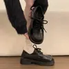 Zapatos de cuero para mujer estilo británico de suela gruesa, nuevo modelo de otoño 2026, adecuados para combinar con faldas, con cordones, zapatos de vestir de doble uso, mocasines negros