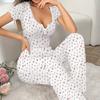 Pijama Transfronteiriça Amazon Europeia e Americana de Manga Curta com Decote em V Estampa Floral Pequena Calça Cenoura com Babado Roupa de Casa Conjunto Mulher