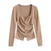 Ds25072-25 Nuevo Estilo de Verano Estilo Europeo y Americano Sexy Sexy Cuello Cuadrado Huesos de la Clavícula Expuestos Botón de Perla Punto Plisado