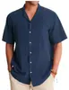Nueva moda de verano transfronteriza para hombre, camisa versátil de algodón y lino de color liso con cuello vuelto y manga corta, diseño único y elegante