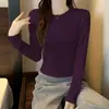 Camiseta Feminina de Algodão Puro Outono, Manga Longa, Ombro Normal, Corte Petite Curto, Camisa Básica Versátil Emagrecedora de Cintura Alta para Mulheres