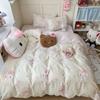 Juego de Cama de Cuatro Piezas de Algodón Puro Estilo Dibujos Animados Ins Mismo Estilo que Xiaohongshu Algodón Puro de Algodón Todo el Año para Dormitorio de Estudiante