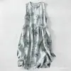 Vestido Casual de Algodão Puro com Estampa Digital Nova, Gola Redonda, Sem Mangas, Comprimento Médio, Para Mulheres, Verão na Praia