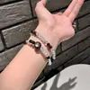 Pulseira de obsidiana prateada natural e ágata azul com design de laço duplo, simples e original, popular para homens e mulheres, pulseira de contas de oração budista para casais