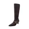 Botas Altas de Ante de Piel de Vaca de Primera Capa para Mujer, Botas Ajustadas, Nuevo Estilo de Invierno, Punta Fina, Tacón de Aguja, Tacón Medio, Cremallera Lateral, Botas Altas hasta la Rodilla para Mujer