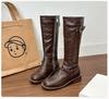 2024 Novas Botas Retrô Fundo Grosso Cano Médio Cavaleiro Lã Plissada Couro Macio Botas de Cano Alto Cano Alargado Femininas