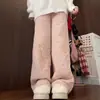 Pantalones Rosados de Cachemira para Mujer Otoño e Invierno 2025 Nuevos Pantalones Casuales Cálidos Pantalones Forrados de Felpa Pantalones de Pierna Ancha con Empalmes de Felpa