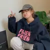 Moletom Feminino com Forro de Lã, Espessado, Novo Outono e Inverno, Estilo Japonês e Coreano, Simples, Rejuvenescedor, Estampa de Letras, Solto para Estudantes, Manga Longa, com Capuz