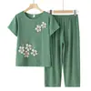 Trajes de Verano de Algodón y Lino para Mujeres de Mediana Edad y Mayores, Conjunto de Dos Piezas Estampado de Manga Corta, Holgado y Transpirable, Estilo Nuevo, Ropa de Verano Elegante