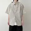 2026 Nova Camisa de Verão Azul Marinho com Xadrez Bolha de Manga Curta Unissex Versátil Solta Casual Estilo College