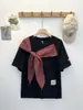 Marca de Moda Retro Americana Chal con Lazo Camiseta de Dos Piezas Falsas de Manga Corta para Mujer Verano 2025 Nuevo Top Holgado de Moda