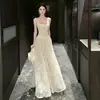 Vestido camisola de renda estilo francês de luxo leve na cor café, vestido leve para cerimônia de aniversário de maioridade, vestido longo para mulheres, cor damasco de verão