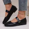 Sapatos Mary Jane Femininos Planos com Bico Redondo e Tira com Fivela de Metal Decoração Estilo Retrô PU Preto 2026