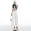 Calça Reta Jeans Azul Denim com Oito/Nove Pontos para Mulheres Verão 2025 Novo Estilo Bolso Frontal Inclinado Calça Wide-Leg Retrô