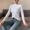 Traje de Hilo con Mangas Largas Camiseta Blanca Cuello Semi-alto Camiseta Base Estilo Occidental para Mujer Ajustado Cuello Vertical Pequeño Top de Limpieza