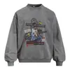 Moletom Gola Redonda Estampa Graffiti Personagem Americano Masculino Solto High Street Tendência Casual Tie-dye Desgastado Roupa Esportiva