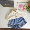 Ai Le Rabbit 2023 Verano Nuevo Conjunto para Niñas Lindo Camisa de Solapa Bordada Más Shorts de Mezclilla Conjunto de Dos Piezas