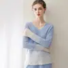 Nuevo Suéter de Moda Otoño/Invierno con Lentejuelas y Perlas, Huecos, Bloques de Color, 100% Cachemira Pura, Tejido de Punto con Cuello en V Bordado