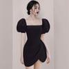 Vestido retrô francês feminino vermelho gola quadrada manga bufante design irregular vestido fino saia curta vestido torrado