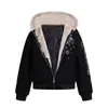 Jaqueta de Algodão com Capuz Bordada com Letras e Flocos de Neve Estilo Retro Americano para Homens e Mulheres, Solta, Aconchegante, com Zíper, Tendência