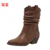 LiuFu 2026 Otoño/Invierno Nuevo Vintage En Stock Comercio Exterior Tallas Grandes Botas de Media Pantorrilla para Mujer WISH Amazon Botas de Cuero Europeas y Americanas