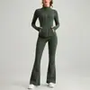 Conjunto de yoga de doble cara cepillado estilo Lulu para mujer, chaqueta con cremallera dorada, conjunto de pantalones de tiro alto que levantan los glúteos y microacampanados