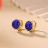 Pendientes de Clip para Oreja Redondos Estilo Vintage de Alta Gama de Plata de Ley S925 con Cera de Abeja Roja Agua y Lapislázuli de Yuebao Jewelry