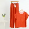 Traje Estilo Preguiçoso da Moda para Mulheres Fino Novo Verão 2025 Verão Algodão Seda Gola Redonda Calças Traje