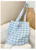 Bolsa de Lona Xadrez Simples Coreana Dupla Face, Pequena Fresca e Exquisita Bolsa de Ombro, Bolsa para Estudante Ir para a Aula, Bolsa de Compras
