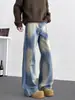 Jeans Denim Lavado com Vibe Streetwear Americano Marca Tendência Retro Tie-dye Calça Wide Leg Senso de Design Versátil Calça Reta