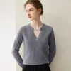 100% cachemira, estilo minimalista, cuello en V, multibotones, suéter de corte holgado para mujer, perfecto para el uso diario