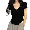 Camiseta de Manga Corta con Cuello en V Estilo Pure Lust para Mujer Verano 2025 Nuevo Top Sexy Corto Ajustado con Bajo Asimétrico