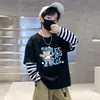 Camiseta de Manga Larga a Rayas con Cuello Redondo de Moda Estilo Coreano para Niños, Ropa de Primavera y Otoño, Niños Estampado de Dibujos Animados Capa Base Algodón Puro Fina