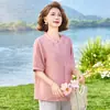 Top de Verano de Manga Corta para Mamá Holgado Nuevo 2026 Cárdigan Camiseta Camisa Bordada para Mujeres de Mediana Edad y Mayores