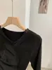 KEKEZOON Camiseta de manga larga básica de color liso, cálida y versátil, con cuello en V y ribete de encaje, forro polar de doble cara 8801