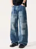 Roupa Masculina Fengshe / Calça Xadrez Mosaico High Street Americana Jeans Masculino Streetwear da Moda Calça Reta Solta