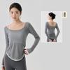 Blusa de Yoga para Mulheres, Verão Fina, Alça em U Levemente Transparente, Linda Costas Blusa Esportiva, Peça de Yoga de Manga Longa de Cor Contrastante de Alta Qualidade