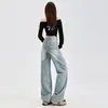Jeans de Calle Estilo Americano para Mujer Primavera 2025 Nuevos de Cintura Alta Lavados con Roturas Pantalones de Pelo Sueltos de Pierna Recta