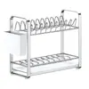 Escurridor de platos de acero inoxidable, estante de almacenamiento de cocina de doble capa, organizador multifuncional para encimera, portapalillos, portacuchillos, escurridor de platos y platos
