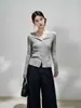 Cárdigan de Punto Hueco Acanalado de Manga Larga para Mujer, Atmósfera Otoño/Invierno, Elegante Suave y Esponjoso, Top Base Ajustado con Cuello en V Plegado