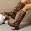 Comércio exterior tamanho grande estampa de leopardo cano alto mas até o joelho botas da moda 2024 outono e inverno salto quadrado bico redondo transfronteiriças botas femininas temu em estoque