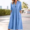 Vestido Feminino Casual Soltinho Moda Retrô Algodão e Linho Manga Três Quartos Decote V com Bolso - Lançamento Primavera Europeu e Americano