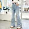 Calça Jeans Flare Nova Estilo Outono 2026 para Meninas Crianças Maiores Roupas para Meninas Calça Micro Flare com Strass Hot-Fix Roupa Infantil Calça Estilosa Tendência