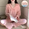 Pijama Derong Estilo Mujer con Copas Otoño e Invierno Dulce Estilo Princesa Encaje Manga Larga Engrosado Cálido Conjunto de Ropa para el Hogar