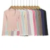 7740-26 Otoño Estilo Coreano Ajuste Delgado Cuello en U Grande Color Macarrón Básico Liso Manga Larga Suéter Camiseta Capa Base