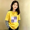 Camiseta de manga larga de algodón puro con retazos a rayas para niñas, versátil, para primavera y otoño, para niños mayores, estilo coreano, corte holgado, efecto dos piezas, moderna