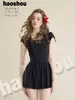 No. 161018 Traje de Baño para Adultos Estilo Nuevo Traje de Baño de una Pieza para Mujeres Verano Color Sólido Retro Cuello Redondo Ceñidor de Cintura Adelgazante