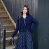 Traje de Vestido de Estilo Preppy de Alta Gama Tallas Grandes para Mujer Otoño Gordita mm Top Coreano con Cordones + Falda de Tirantes a Cuadros
